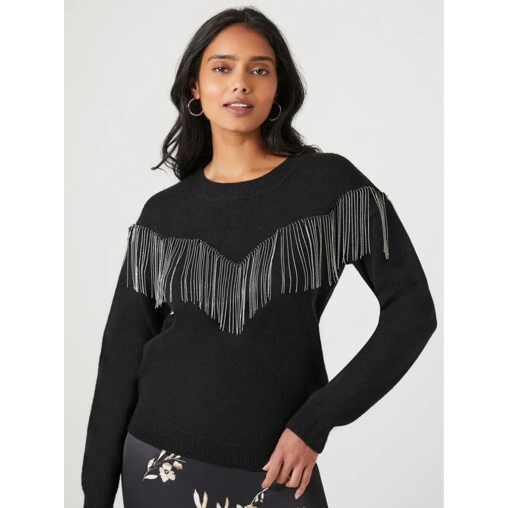 F21 Rhinestone Fringe-Trim Sweater